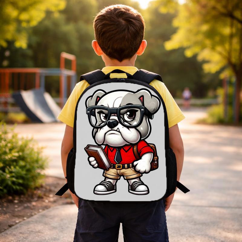 Bulldog Back To School, Red Shirt Bulldog Academics PNG, Student Digital, Studious Bulldog Design, Glasses Smart Nerdy Guy, Back To School Custom Backpack
