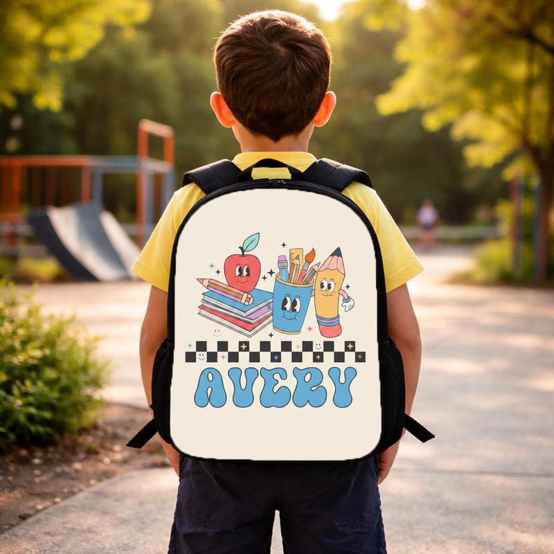 Custom Name School Icons Checkerboard - Cute Kids Backpack Custom Backpack