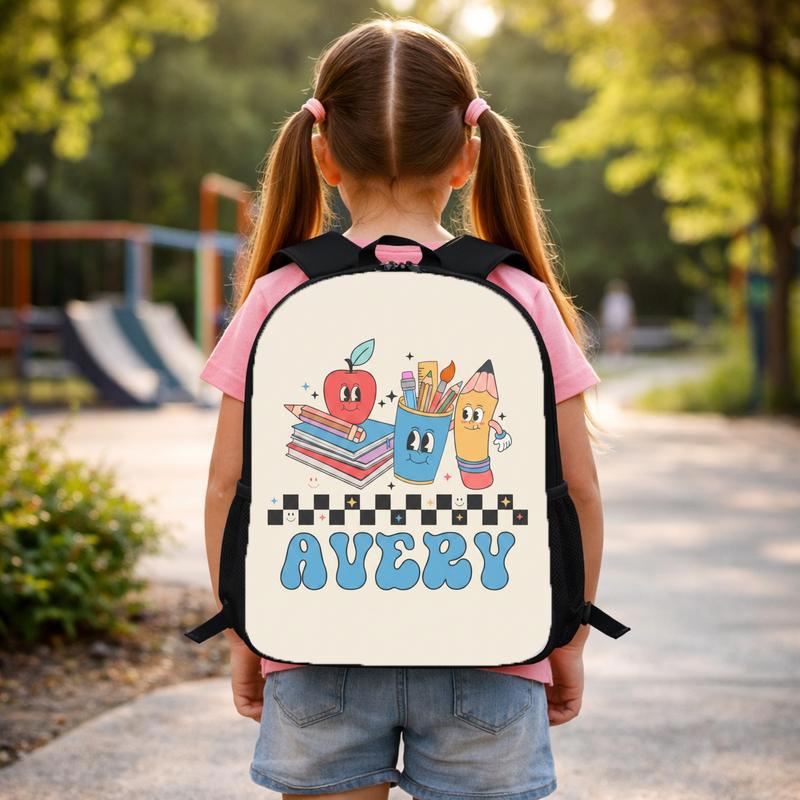 Custom Name School Icons Checkerboard - Cute Kids Backpack Custom Backpack