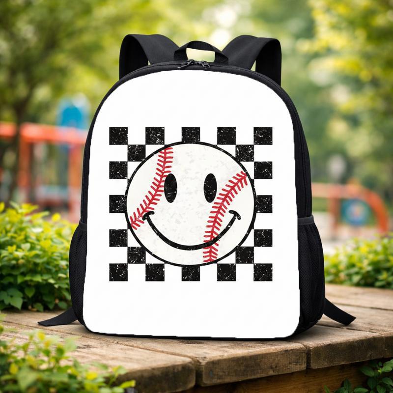 Smiley Face Baseball Backpack - Retro Checkered Kids Bag Custom Backpack