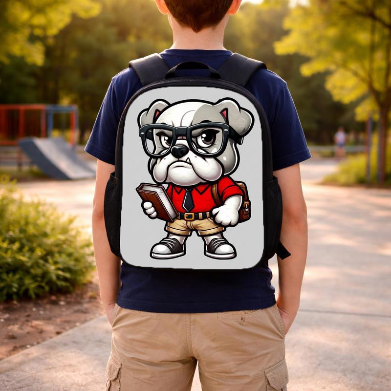 Bulldog Back To School, Red Shirt Bulldog Academics PNG, Student Digital, Studious Bulldog Design, Glasses Smart Nerdy Guy, Back To School Custom Backpack