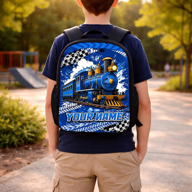 Custom Name Train Backpack - Cool Blue Train School Design Custom Backpack Custom Name Train Backpack - Cool Blue Train School Design Custom Backpack