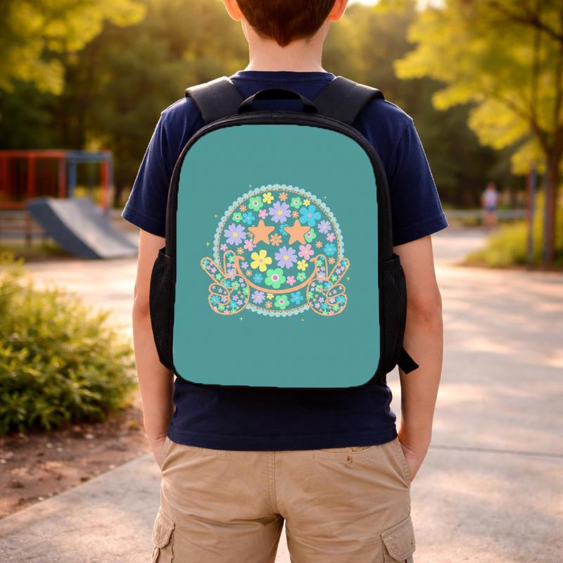 Floral Smiley Backpack - Cute Retro Kids School Bag Custom Backpack