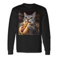 面白い猫を食べるホットドッグtシャツ リアルなタビーキャットフード ユーモア 長袖Tシャツ ギフトのアイデア