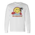 レトロなハッピーフェイス ハイビスカス ヤシの木「太陽に生きる」ビーチ 長袖Tシャツ ギフトのアイデア