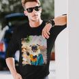 アロハ ハワイアン 犬 パグ ウクレレ ビーチ ファニー 長袖Tシャツ 彼への贈り物