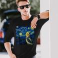 ゴッホの星空を見つめるかわいいオカメインコ 星月夜 長袖Tシャツ 彼への贈り物