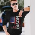 ハンティング アメリカンバイソン クリエイティブ ユーズド加工 アメリカ国旗 ハンター 長袖Tシャツ 彼への贈り物