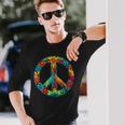 ピースマーク レトロフラワーデザイン ピースサイン 長袖Tシャツ 彼への贈り物