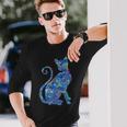 ブルー ペイズリーキャット 長袖Tシャツ 彼への贈り物