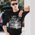ヤシの木の白黒写真 夕焼けビンテージ写真 長袖Tシャツ 彼への贈り物