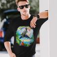 恐竜 ライディング イルカ レインボー イルカ 長袖Tシャツ 彼への贈り物