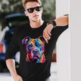 水彩のカラフルなアメリカン ピット ブル テリア犬 長袖Tシャツ 彼への贈り物