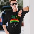 面白い猫 ユーモア ラスタ Jamaicat ジャマイカ 旗 かっこいい 男 猫 長袖Tシャツ 彼への贈り物