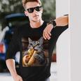 面白い猫を食べるホットドッグtシャツ リアルなタビーキャットフード ユーモア 長袖Tシャツ 彼への贈り物