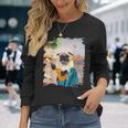 アロハ ハワイアン 犬 パグ ウクレレ ビーチ ファニー 長袖Tシャツ 彼女への贈り物
