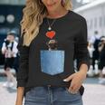 ジーンズポケット付きシャツ パグ犬とハート犬のモチーフ 長袖Tシャツ 彼女への贈り物