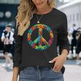 ピースマーク レトロフラワーデザイン ピースサイン 長袖Tシャツ 彼女への贈り物