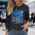 ペンブローク ウェールズ コーギー 犬 星月夜 ビーチ アートワーク 長袖Tシャツ 彼女への贈り物