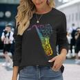 猫とサックスのサクソフォン楽器 長袖Tシャツ 彼女への贈り物