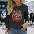 芸者 日本の鬼のお面 妖怪 侍 刀 カタナ 刀 長袖Tシャツ 彼女への贈り物