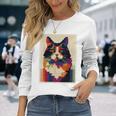 カラフル メインクーン 猫 芸術的 猫 動物 幾何学 アート 長袖Tシャツ 彼女への贈り物