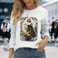 日本の浮世絵 黒子猫 鬼 マスク 魚 ハッピーチャンス アート 長袖Tシャツ 彼女への贈り物