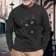 こっそり猫 物陰からじっと見つめる黒猫デザイン 長袖tシャツ 長袖Tシャツ 高齢者への贈り物