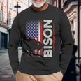 ハンティング アメリカンバイソン クリエイティブ ユーズド加工 アメリカ国旗 ハンター 長袖Tシャツ 高齢者への贈り物