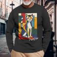 ピカソ猫 – ヴィンテージキュビズムアート風デザイン 長袖Tシャツ 高齢者への贈り物