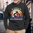 ブラジリアン柔術 Jesus Has Your Back 長袖Tシャツ 高齢者への贈り物