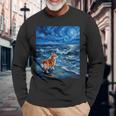ペンブローク ウェールズ コーギー 犬 星月夜 ビーチ アートワーク 長袖Tシャツ 高齢者への贈り物