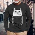 中指 猫 ポケット 面白い 漫画 猫 ホワイト プレミアム 長袖Tシャツ 高齢者への贈り物