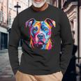 水彩のカラフルなアメリカン ピット ブル テリア犬 長袖Tシャツ 高齢者への贈り物
