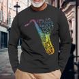 猫とサックスのサクソフォン楽器 長袖Tシャツ 高齢者への贈り物