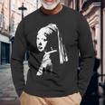 真珠のイヤリング ターバン ヨハネス・フェルメール モノクロの少女 長袖Tシャツ 高齢者への贈り物