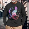美しい宇宙星雲銀河猫のシルエット 長袖Tシャツ 高齢者への贈り物