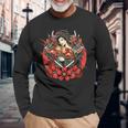 芸者 日本の鬼のお面 妖怪 侍 刀 カタナ 刀 長袖Tシャツ 高齢者への贈り物