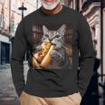 面白い猫を食べるホットドッグtシャツ リアルなタビーキャットフード ユーモア 長袖Tシャツ 高齢者への贈り物