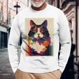 カラフル メインクーン 猫 芸術的 猫 動物 幾何学 アート 長袖Tシャツ 高齢者への贈り物