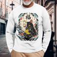 日本の浮世絵 黒子猫 鬼 マスク 魚 ハッピーチャンス アート 長袖Tシャツ 高齢者への贈り物