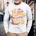 バックプリント 猫好き 引用 おもしろ猫 ミーム I Love Cats 長袖Tシャツ 高齢者への贈り物