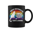 Easily Distracted By Cats And Books – Retro Sunset Rainbow Graphic Print Coffee Mug