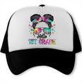 Messy Hair Bun Girl Back To School First Day Hello 1st Grade Trucker Cap