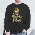 Skeleton Girl Drinking Coffee Bow Sunflower Book Lover Sweatshirt Gifts for Old Men