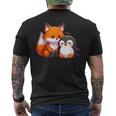 かわいいキツネとペンギンのデザイン メンズTシャツ バックプリント