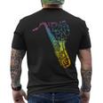 猫とサックスのサクソフォン楽器 メンズTシャツ バックプリント
