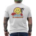レトロなハッピーフェイス ハイビスカス ヤシの木「太陽に生きる」ビーチ メンズTシャツ バックプリント