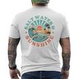 海水と日光 レトロ ビーチ 波 夕日 ヤシの木 メンズTシャツ バックプリント