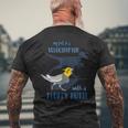 わたしのペットはふわふわお尻オカメインコの鳥を持ったベロキラプトル メンズTシャツ バックプリント 高齢者への贈り物